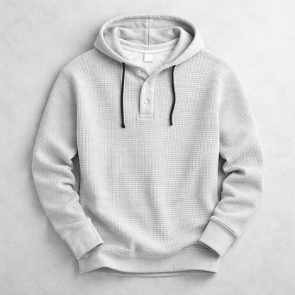 Waffle-knit henley hoodie with drawstring hood, button placket and long sleeves