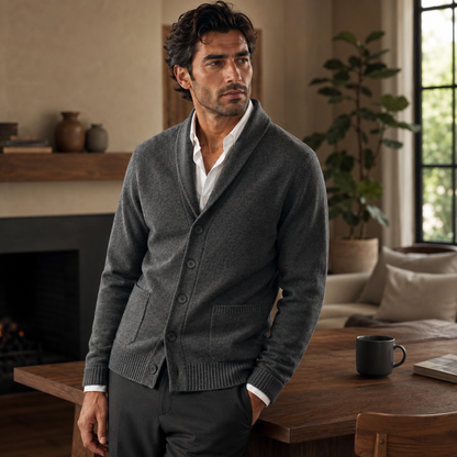 Men's shawl collar button cardigan with long sleeves, ribbed trims and front pockets
