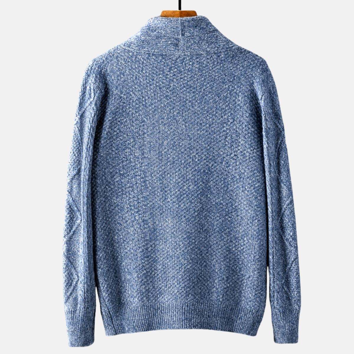 Cable knit cardigan with shawl collar, button front and patch pockets