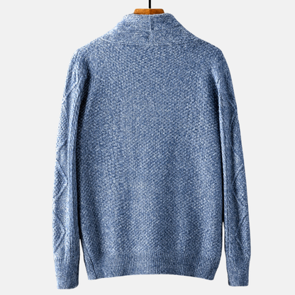 Cable knit cardigan with shawl collar, button front and patch pockets