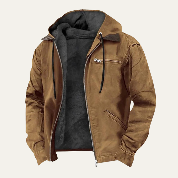 Men's hooded fleece-lined winter jacket with zip pockets