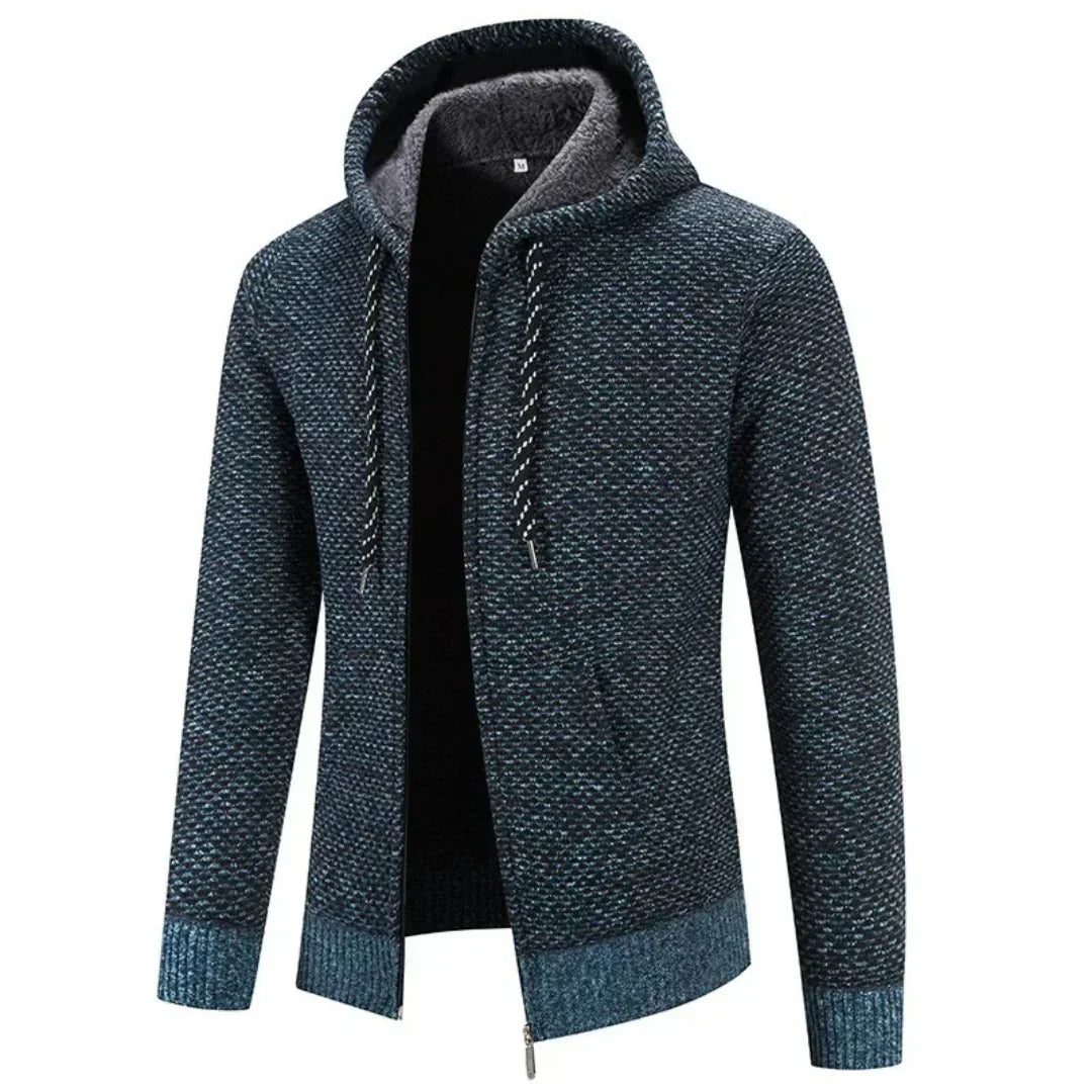 Men's textured knit hooded cardigan with full-zip front and front pockets