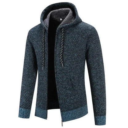 Men's textured knit hooded cardigan with full-zip front and front pockets