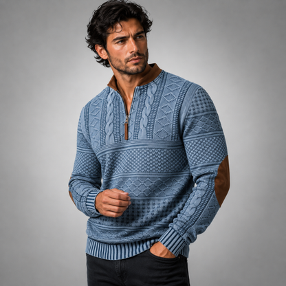 Men's textured half-zip sweater with mock neck and contrasting elbow patches