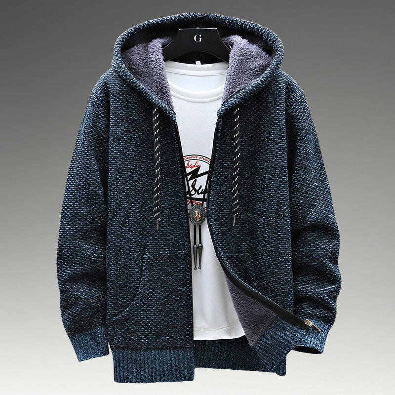 Textured knitted zip hoodie with drawstring hood, long sleeves and front pockets