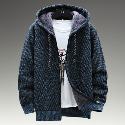 Textured knitted zip hoodie with drawstring hood, long sleeves and front pockets
