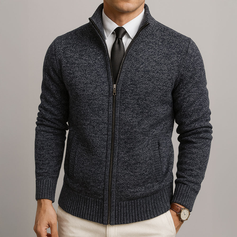 Men's zip-up mock neck cardigan with long sleeves, ribbed trims and front zip pockets