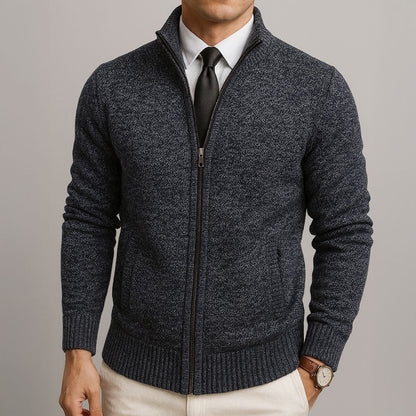 Men's zip-up mock neck cardigan with long sleeves, ribbed trims and front zip pockets