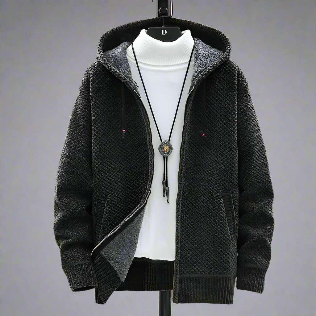 Textured knitted hooded jumper with zip front, drawstrings, long sleeves and front pockets