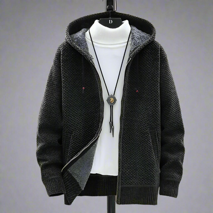 Textured knitted hooded jumper with zip front, drawstrings, long sleeves and front pockets