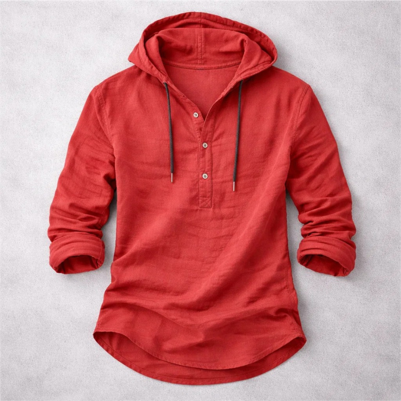 Long-sleeve hooded Henley shirt with button placket and curved hem