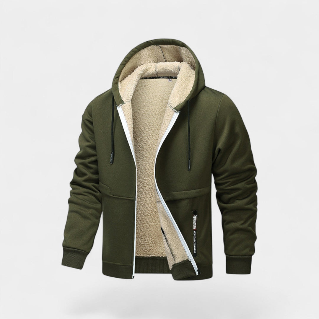 Men's hooded zip cardigan with fleece-style lining and ribbed trims