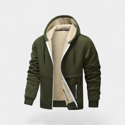 Men's hooded zip cardigan with fleece-style lining and ribbed trims
