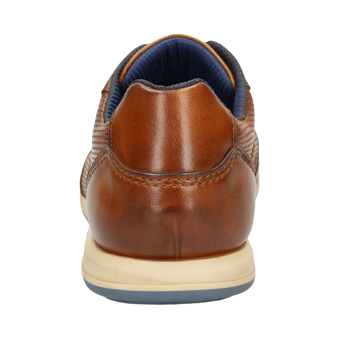 Men's brown lace-up trainers with navy side panel and cream sole