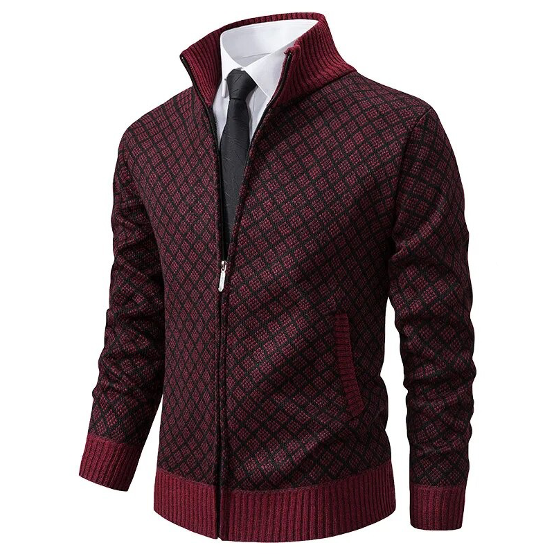 Men's geometric patterned zip-up sweater with mock neck and ribbed trims