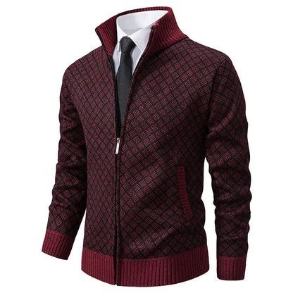 Men's geometric patterned zip-up sweater with mock neck and ribbed trims