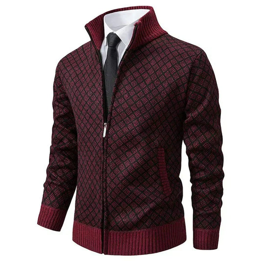 Men's textured geometric cardigan with mock neck and front zip
