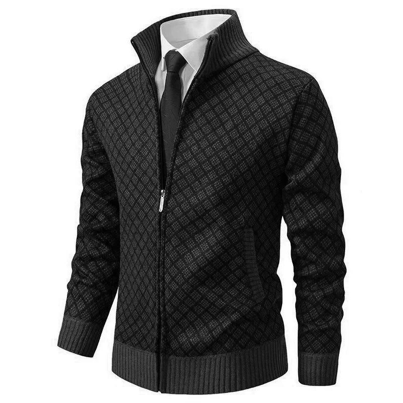 Men's textured geometric cardigan with mock neck and front zip