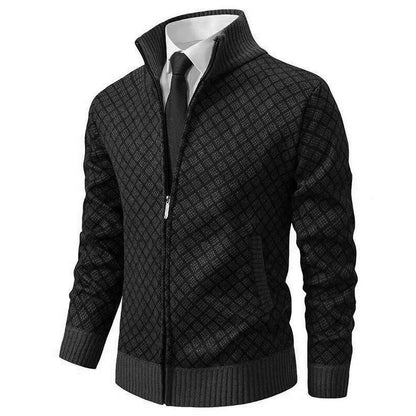 Men's textured geometric cardigan with mock neck and front zip