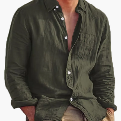 Men's long-sleeve textured button shirt with collar and chest pocket