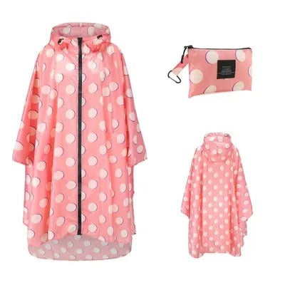 Patterned hooded rain poncho with zip front and matching pouch