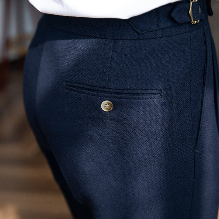 Men's double pleat trousers with side tabs and cuffed hems