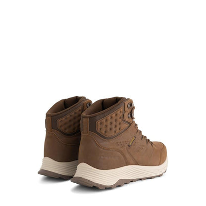 Brown high-top hiking boots with lace-up fastening and lugged soles