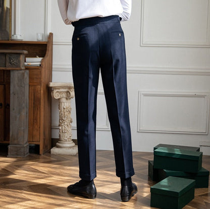 Men's double pleat trousers with side tabs and cuffed hems