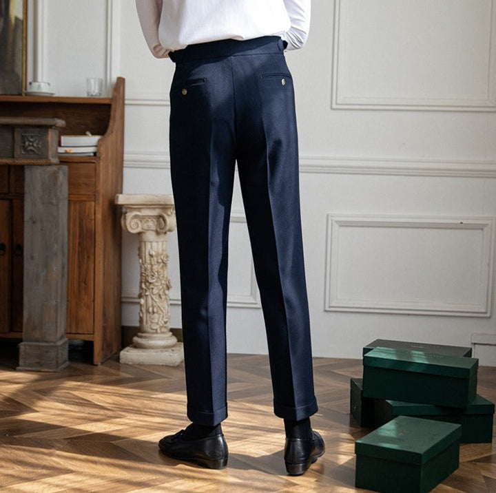 Men's double pleat trousers with side tabs and cuffed hems