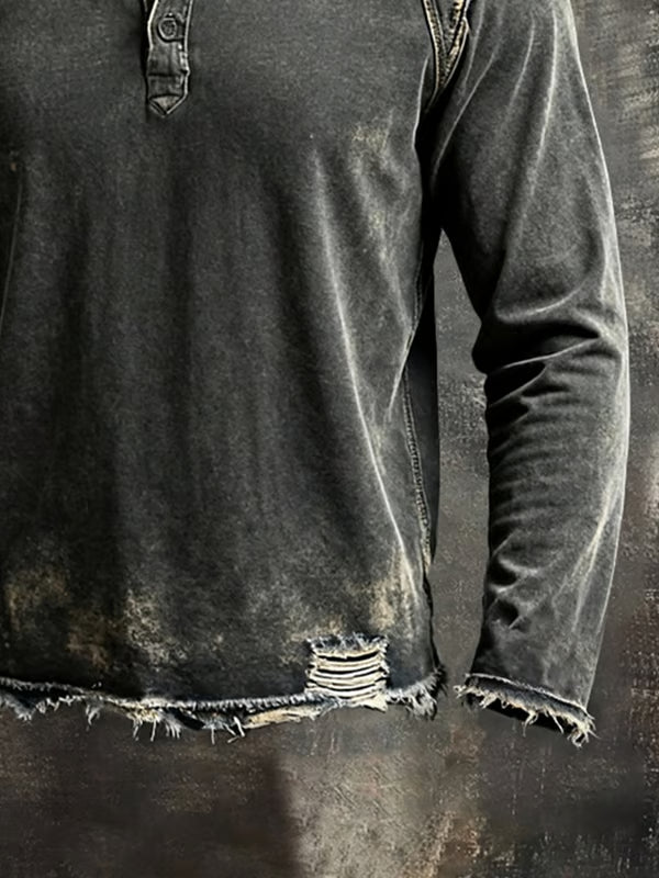 Men's black distressed Henley sweater with long sleeves and frayed edges