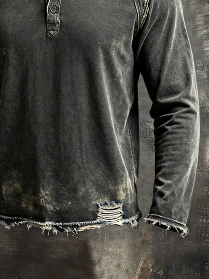 Men's black distressed Henley sweater with long sleeves and frayed edges