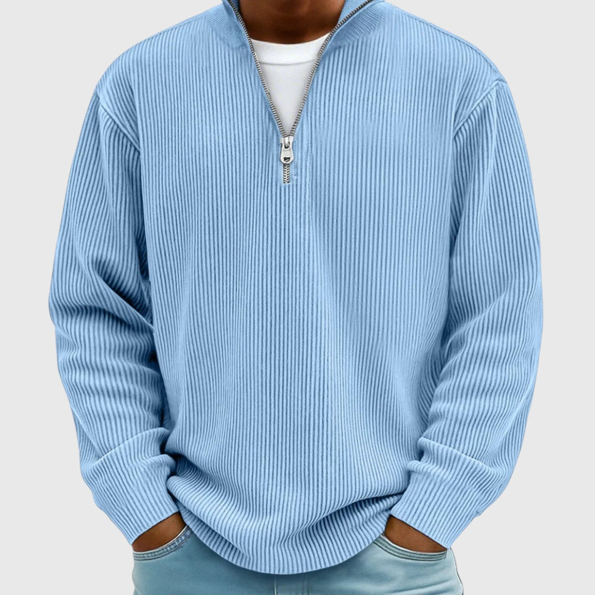 Men's textured ribbed jumper with mock neck and half-zip front