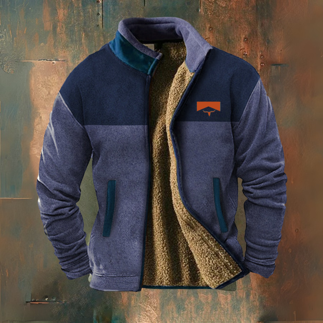 Men's colour-block fleece jacket with stand collar, long sleeves and front zip