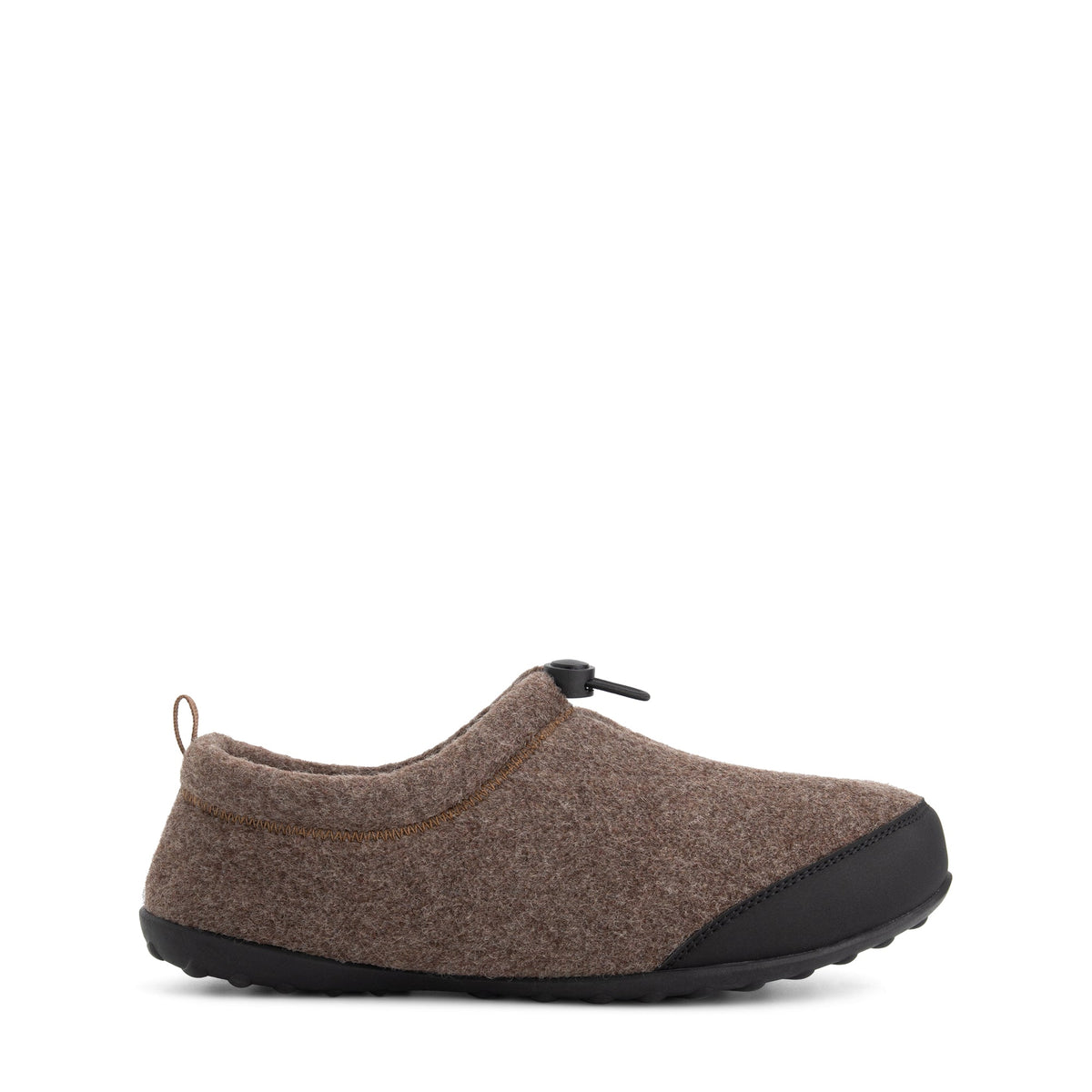 Brown house slippers with black toe panels, toggle closures and flat textured soles