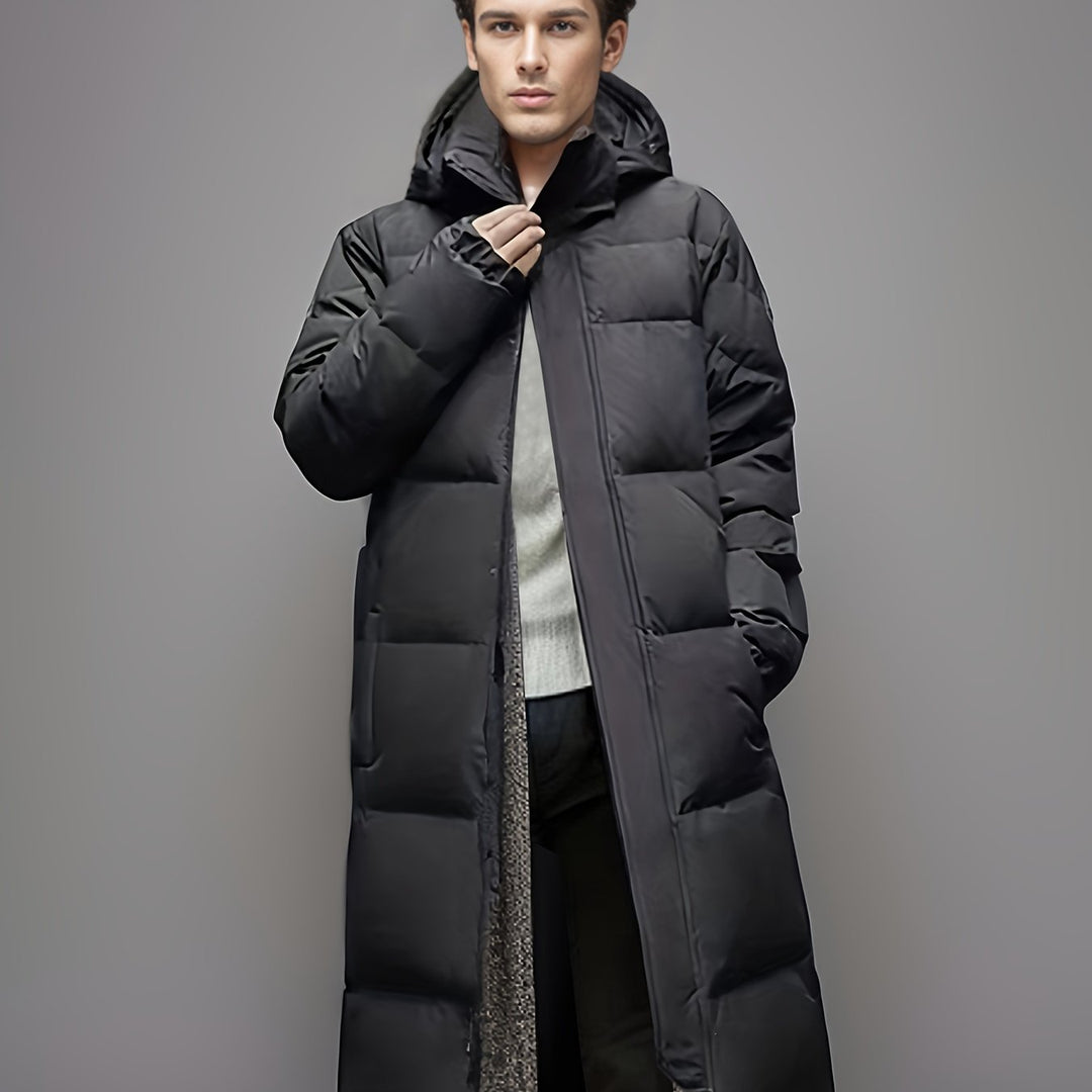 Men's black long hooded puffer coat with quilted panels
