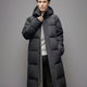 Men's black long hooded puffer coat with quilted panels
