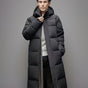 Men's black long hooded puffer coat with quilted panels