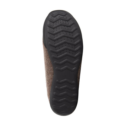 Brown house slippers with black toe panels, toggle closures and flat textured soles