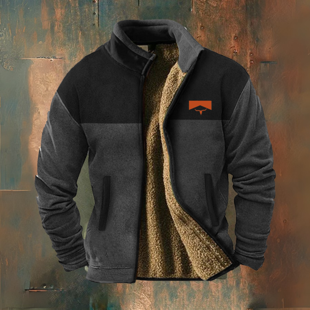 Men's colour-block fleece jacket with stand collar, long sleeves and front zip