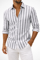 Men's Striped Linen Shirt, Long Sleeve Casual Summer Shirt, Button-Up Breathable