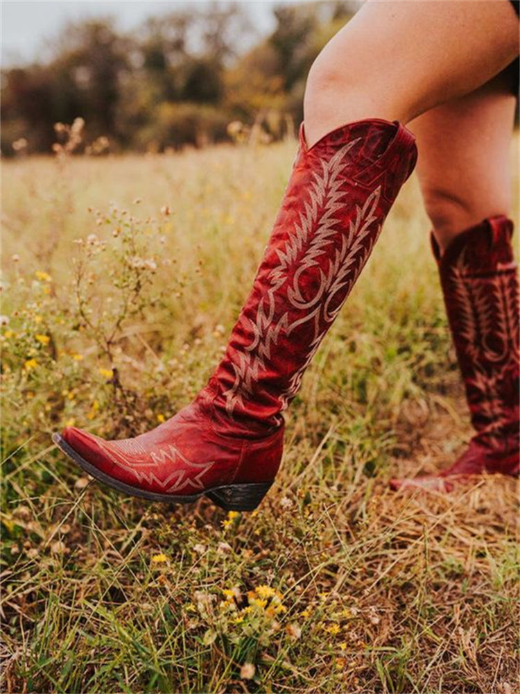Embroidered knee-high Western cowboy boots