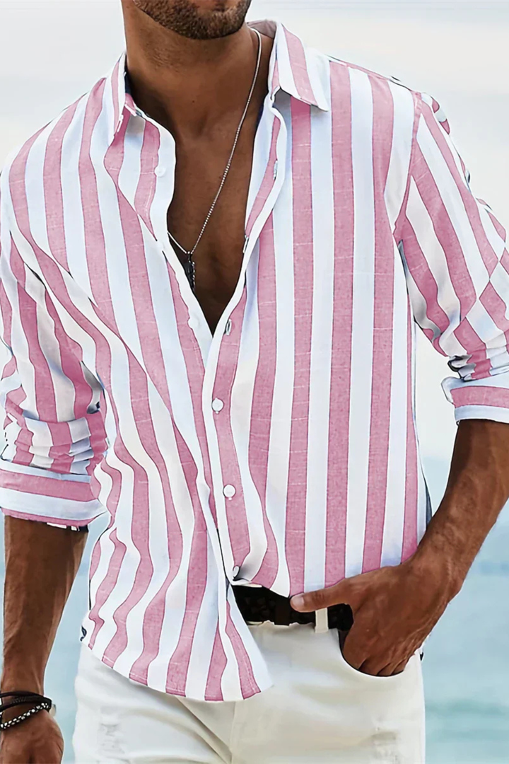 Men's Striped Linen Shirt, Long Sleeve Casual Summer Shirt, Button-Up Breathable