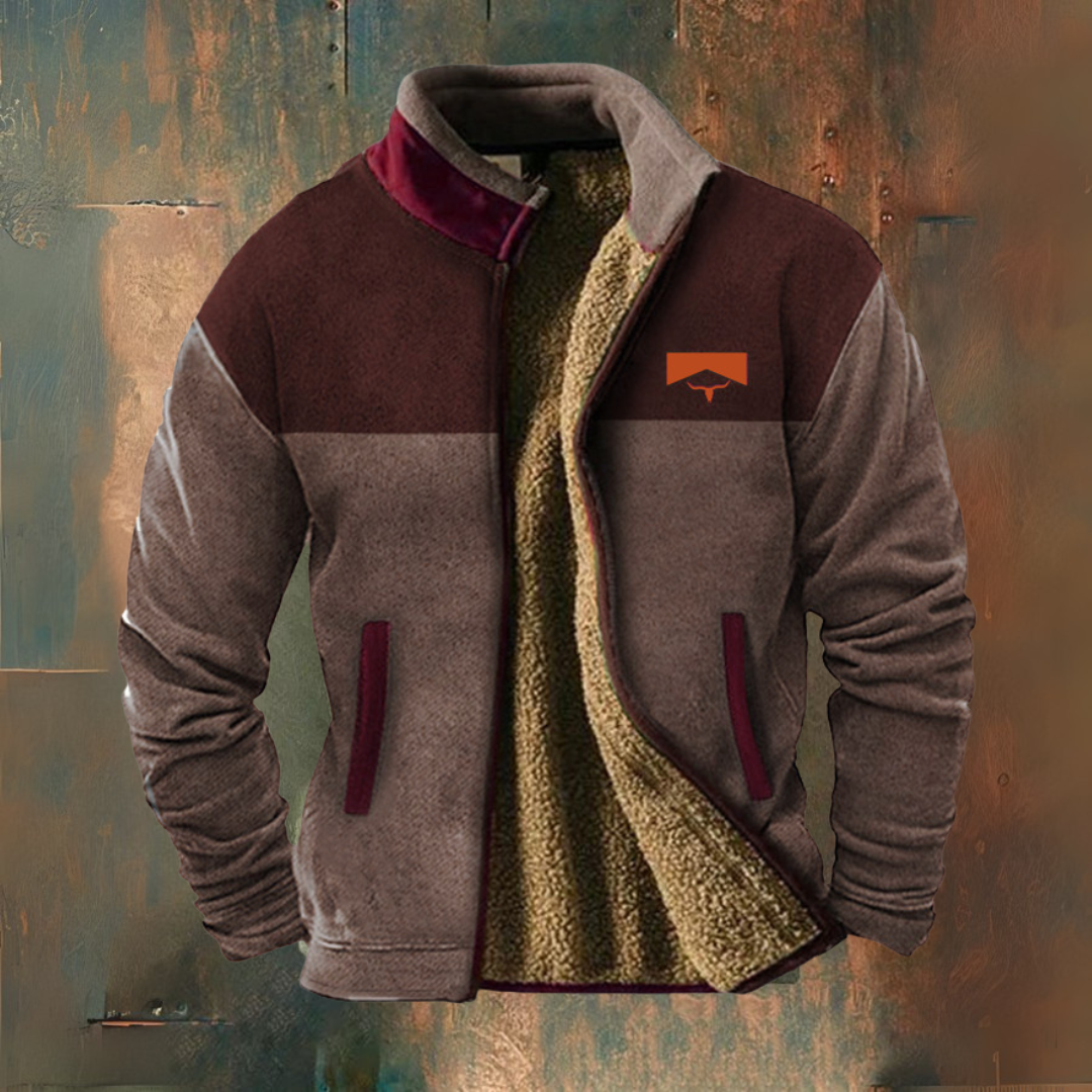 Men's colour-block fleece jacket with stand collar, long sleeves and front zip
