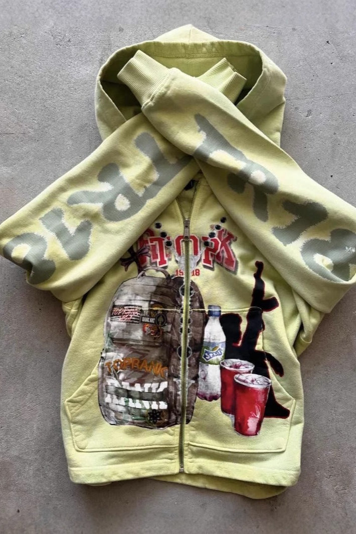 Yellow graffiti print zip hoodie