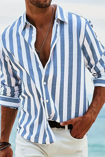 Men's Striped Linen Shirt, Long Sleeve Casual Summer Shirt, Button-Up Breathable