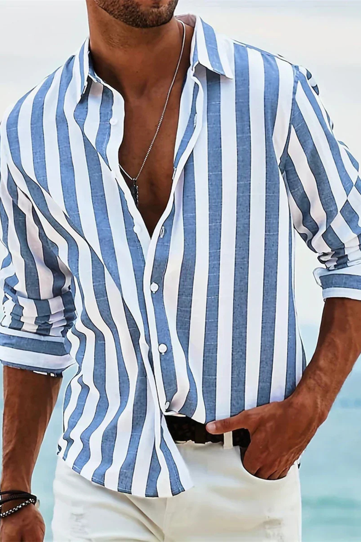 Men's Striped Linen Shirt, Long Sleeve Casual Summer Shirt, Button-Up Breathable