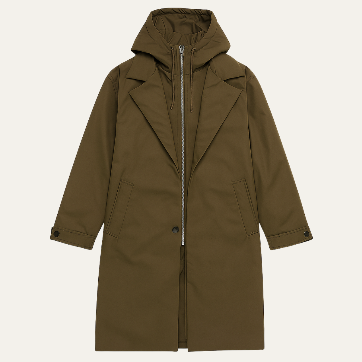 Men's hooded long parka coat with lapels, button front and side pockets