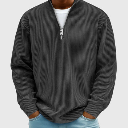 Men's textured ribbed jumper with mock neck and half-zip front