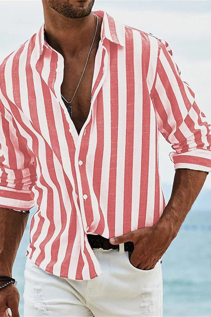 Men's Striped Linen Shirt, Long Sleeve Casual Summer Shirt, Button-Up Breathable