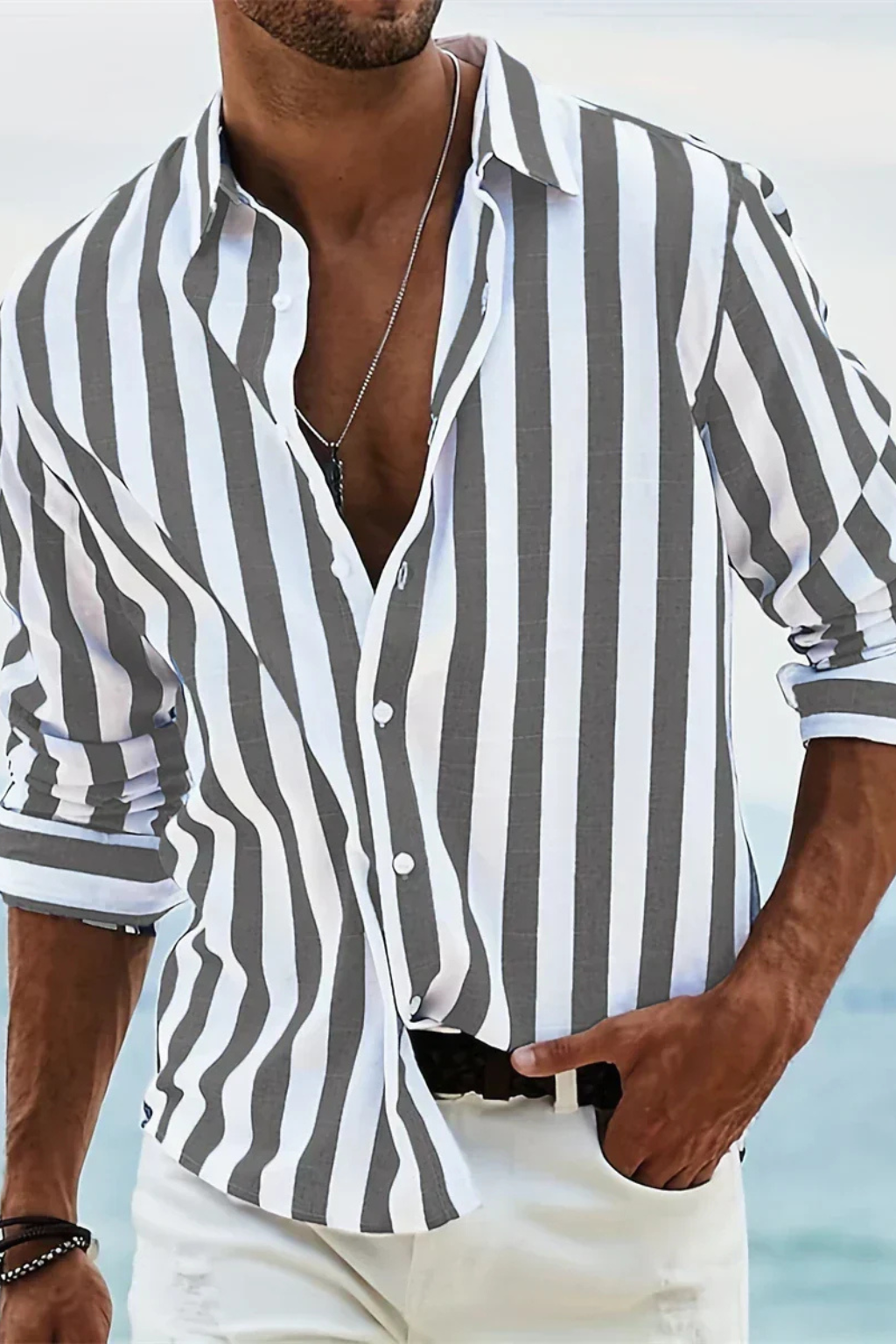 Men's Striped Linen Shirt, Long Sleeve Casual Summer Shirt, Button-Up Breathable